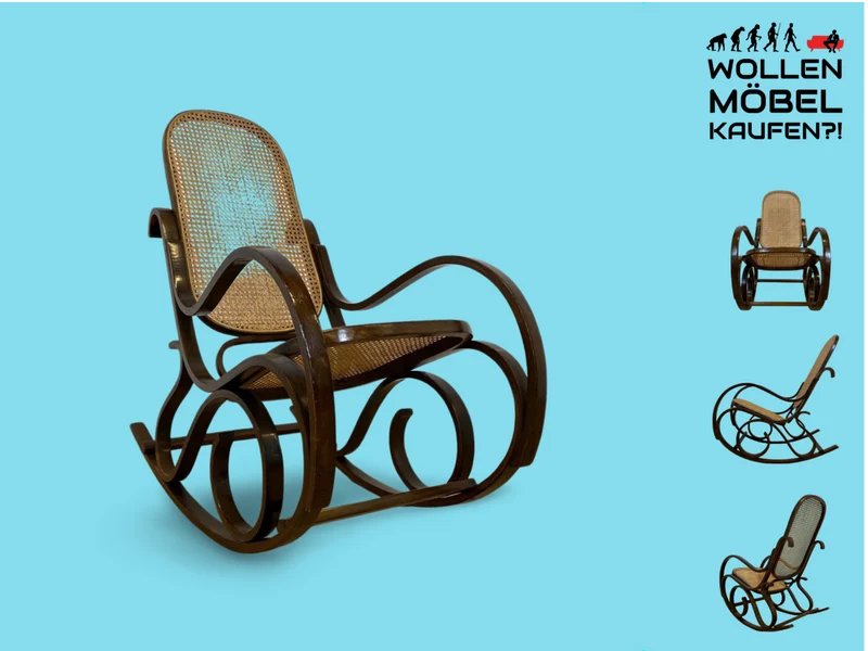 WMK # Eleganter und sehr gut erhaltener Vintage Schaukelstuhl im Stil von Thonet mit Bugholz Rahmen & Wiener Geflecht