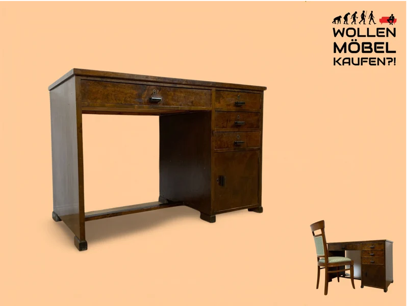 WMK # Wunderschöner und gut erhaltener kleiner dunkler skandinavischer Art Deco Schreibtisch aus vollem Holz mit Schubladen und hübschen Originalgriffen