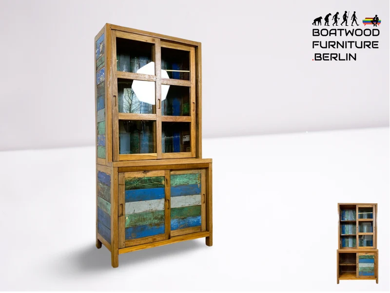 Boatwood by WMK # Sehr schöne Vitrine mit Schiebetüren, ein aus altem Bootsholz handgefertigtes Unikat aus massivem Teakholz