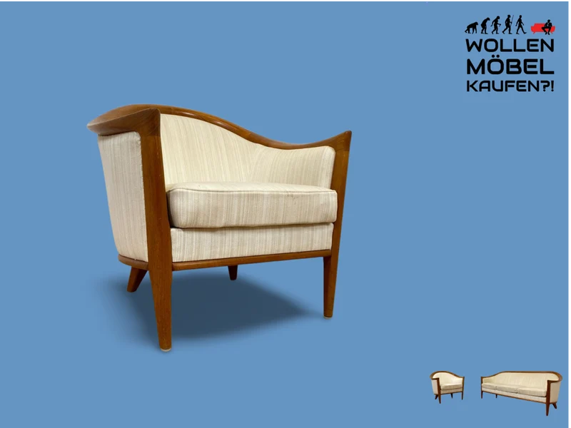 WMK Sehr eleganter und gut erhaltener skandinavisches Mid-Century Sessel mit edlem Holzrahmen aus Teak & weißem Originalbezug