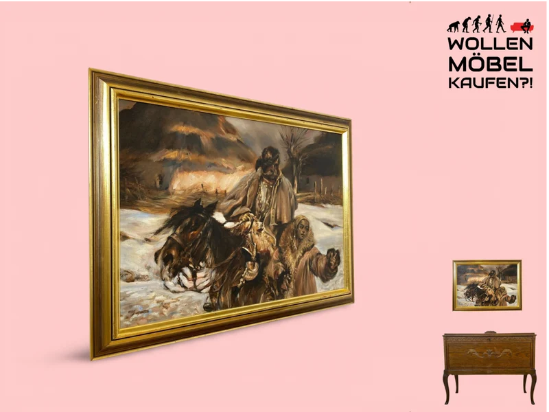 WMK Gut gemalte 83x62 Öl auf Leinwand Replika des berühmten "Verwundeter Kürassier mit einem Mädchen" von Wojciech Adalbert Kossak aus 1970, goldener Holzrahmen