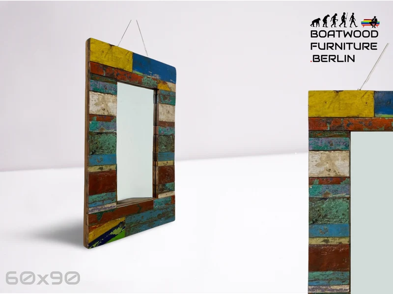 Boatwood by WMK # Farbenfroher 60x90 Wandspiegel aus altem Bootsholz, ein handgefertigtes Unikat in Originalfarben der Boote