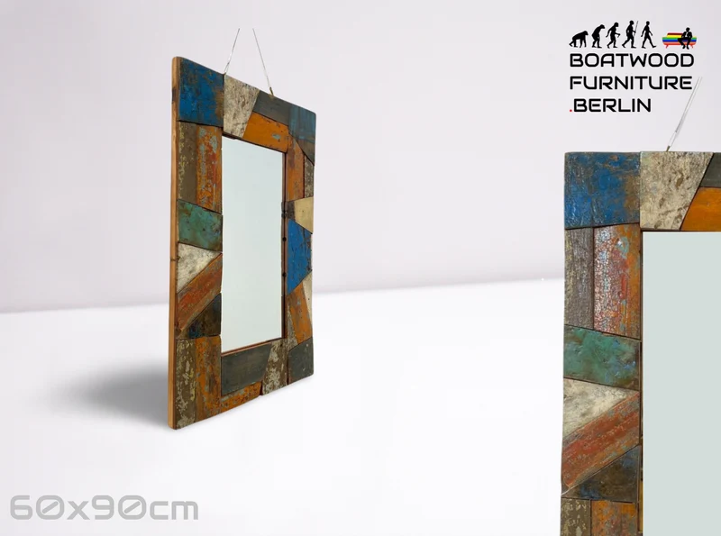 Boatwood by WMK # Besonderer 60x60 Wandspiegel aus altem Bootsholz, ein handgefertigtes Unikat in Originalfarben der Boote