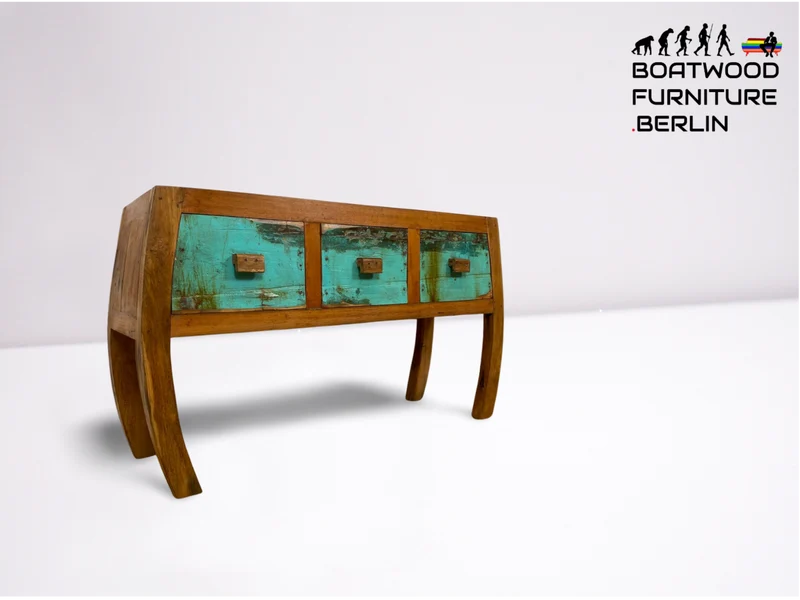 Boatwood by WMK # Formschönes Sideboard mit drei Schubladen, ein aus altem Bootsholz handgefertigtes Unikat aus massivem Teakholz