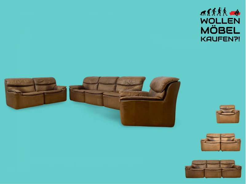 WMK Schöne & äußerst bequeme modulare Vintage Sitzgarnitur aus Sessel , 2er & 3er Sofa in Echtleder mit Patina