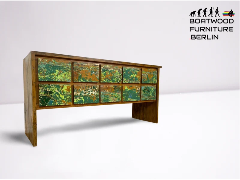 Boatwood by WMK # Einzigartiges Sideboard mit Schubladen, ein aus altem Bootsholz handgefertigtes Unikat aus massivem Teakholz