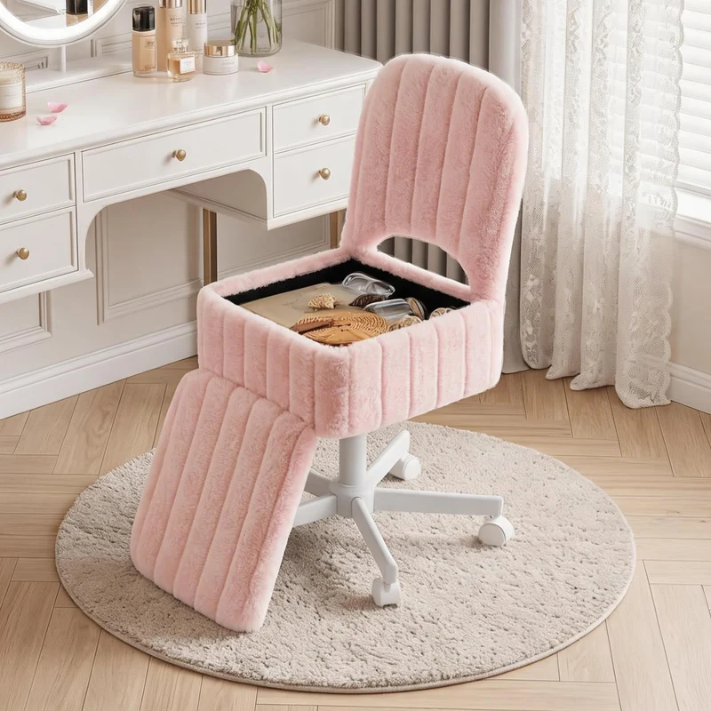 Garvee Vanity Chair Hocker Mit Stauraum Und Rollen Höhenverstellbar 360° Drehbar Weiß Pink Für Schlafzimmer Und Büro