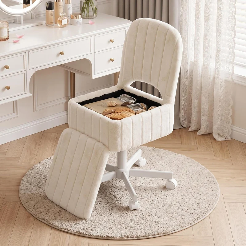 Garvee Großer Schminktisch-Hocker Mit Verstecktem Stauraum, Höhenverstellbar, 360° Drehbar, Weiß/Pink Für Schlafzimmer & Büro