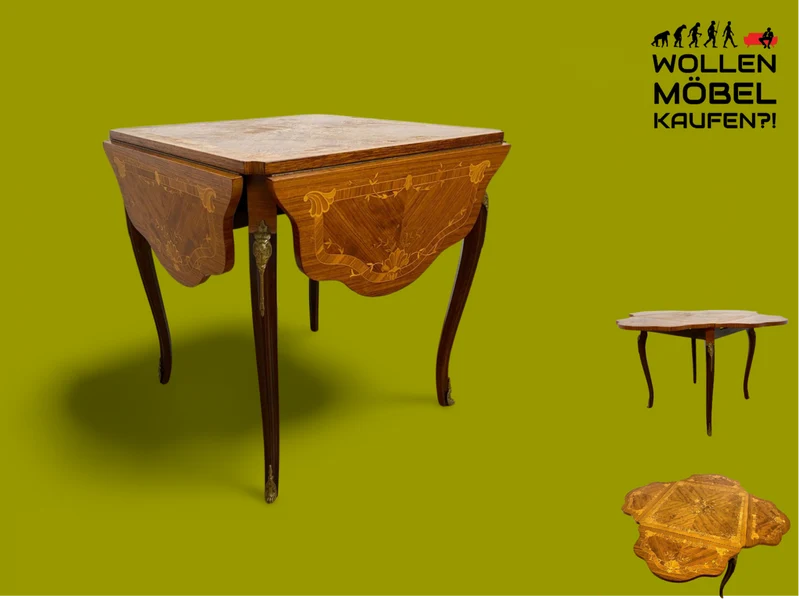 WMK # Vornehmer und sehr gut erhaltener Vintage Klapptisch im Stile des Louis Seize mit feinen Intarsien und edlen Messingbeschlägen