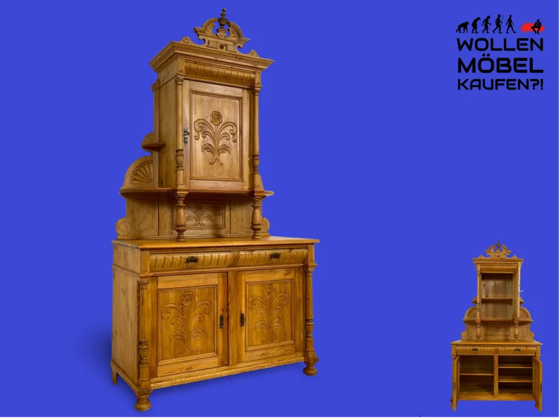 WMK # Elegante und gut erhaltene nordische antike Aufsatzanrichte aus vollem Holz mit handgeschnitzter Ornamentik