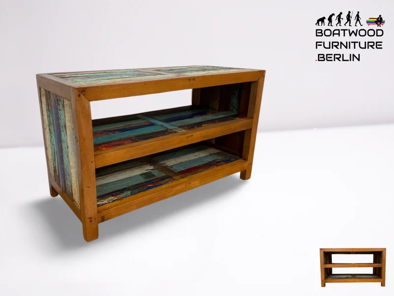 Boatwood by WMK # Farbenfrohe & nachhaltige offene Kommode aus altem Bootsholz, ein handgefertigtes Unikat aus massivem Teakholz