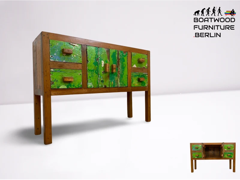 Boatwood by WMK # Einzigartiges grünes Sideboard mit Schubladen, ein aus altem Bootsholz handgefertigtes Unikat aus massivem Teakholz