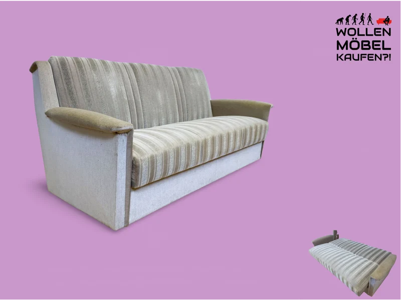 WMK # Gemütliches und gut erhaltenes 70er Jahre Sofa mit Schlaffunktion, Bettwäschefach, bequemen Federkern und grau beigem Originalbezug