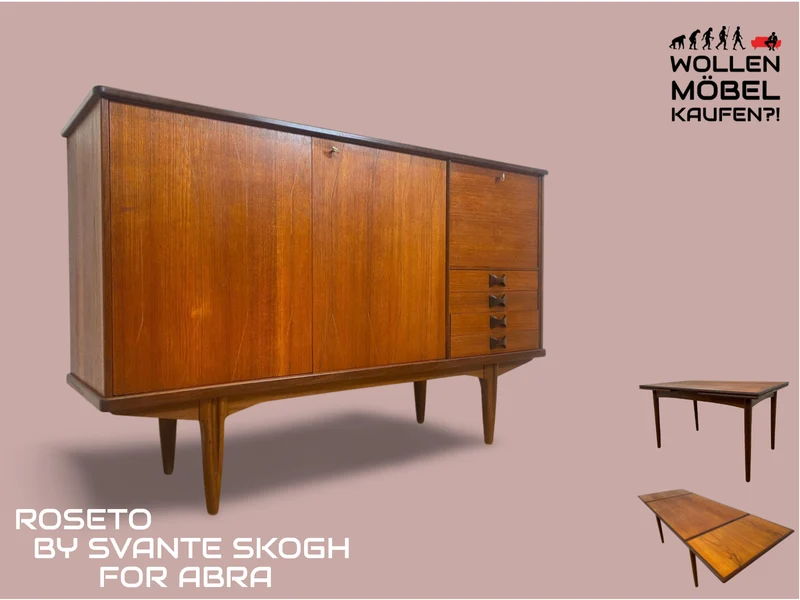 WMK # Skandinavisches Mid-Century Designer Highboard "Roseto" by Svante Skogh for Abra, Vollholz in Teak, mit Schubladen & Bar