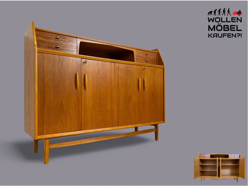 WMK # Elegantes skandinavisches Mid-Century Highboard aus vollem Holz in Teak mit Schubladen