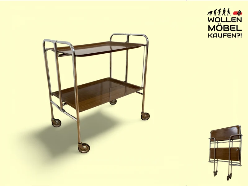 WMK # Kultiger & sehr gut erhaltener faltbarer Servierwagen aus den 1970er Jahren mit Chromgestell und auf Rollen