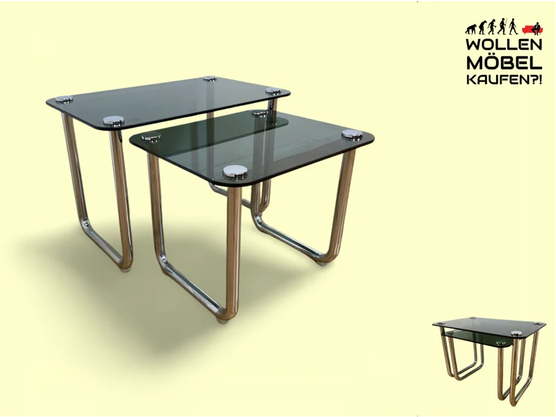 WMK # Formschöner und sehr gut erhaltener ital. Space Age 2-in-1 Satztisch aus Chrom mit stilvollem Rauchglas, um 1970