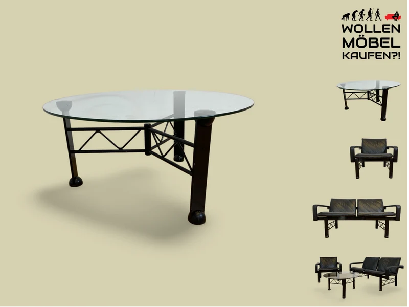 WMK # Stilvoller und sehr gut erhaltener Designer Couchtisch von Klöber aus 1996 mit runder Glasplatte 80cm auf schwarzem Metallgestell