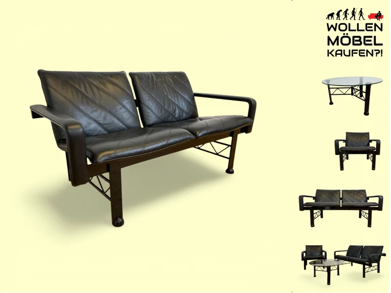 WMK # Stilvolles & hochwertiges Designersofa von Klöber aus 1996 mit Kunstleder Bezug auf schwarzem Metallrahmen