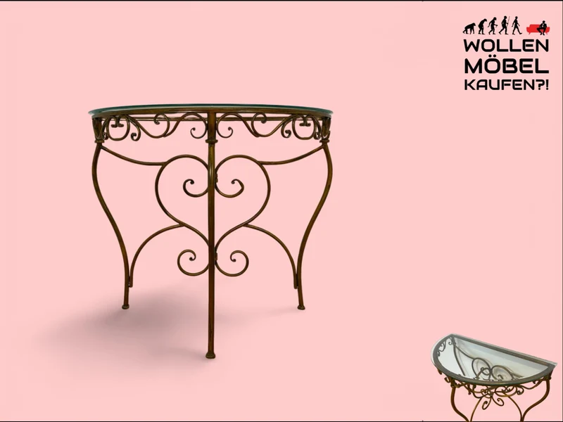 WMK # Einzelstück! Elegante und gut erhaltener handgefertigte Konsole aus kunstvollem Metallgestell in gold mit Glasauflage