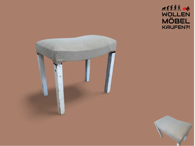 WMK l Hübscher jedoch etwas abgerockter weißer Mid-Century Hocker mit späterem grauem Sitzbezug