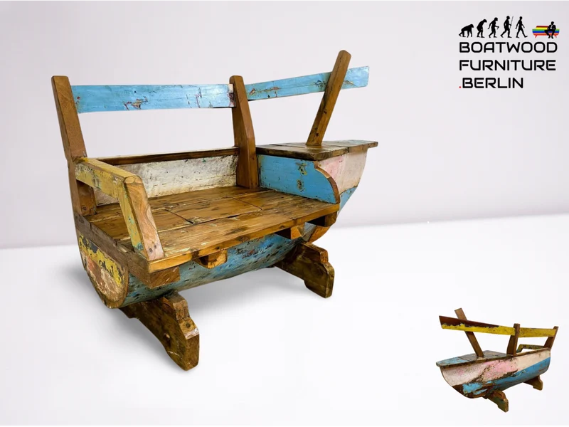 Boatwood by WMK # Einzigartige Sitzbank aus altem Boot , ein handgefertigtes Unikat in Originalfarbe mit Staufächern