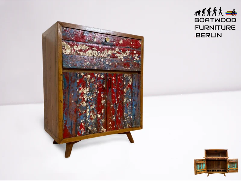 Boatwood by WMK # Besonders schöner Barschrank aus altem Bootsholz, ein handgefertigtes Unikat aus massivem Teakholz