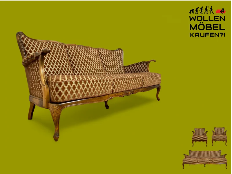 WMK Elegantes und sehr gut erhaltenes 60er Jahre Chippendale Sofa mit wunderbarem Brokat Bezug in Altrosa, feinem Geflecht und Federkern