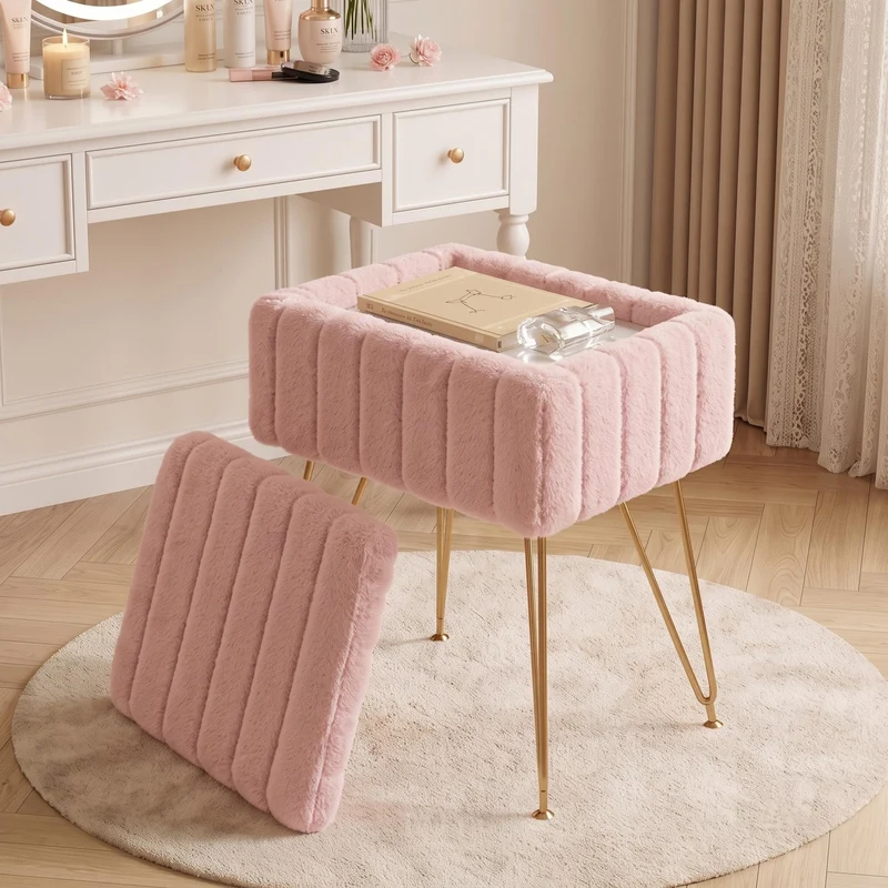 Garvee Vanity Hocker Mit Stauraum Gepolstert Faux Fell Metallbeine Verstellbar Für Schlafzimmer 15.7"x11.8"x18.7" Weiß Rosa Schwarz