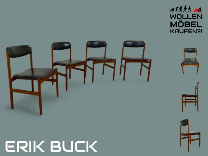 WMK I Set aus 4 stilvollen skandinavischen Designer Stühlen von Erik Buck aus Teakholz mit schwarzem Kunst Leder Bezug