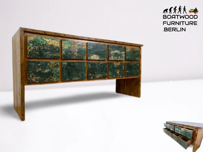 Boatwood by WMK I Einzigartige Anrichte aus altem Bootsholz in Originalfarben I handgefertigtes Unikat