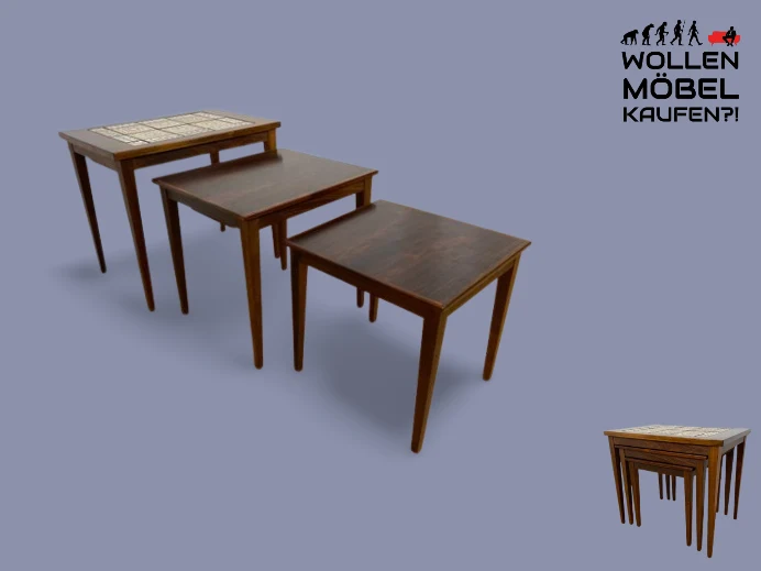 WMK Hochwertiger skandinavischer Mid-Century 3-in-1 Satztisch aus Palisander mit kunstvollen Fliesen