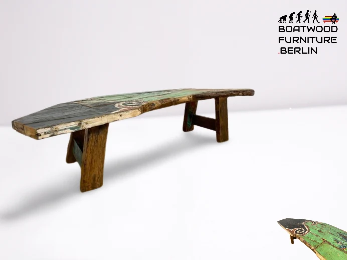 Boatwood by WMK I Robuste Bank aus altem Bootsholz I handgefertigtes Unikat mit Originalfarben I Teakholz massiv in Originalfarbe