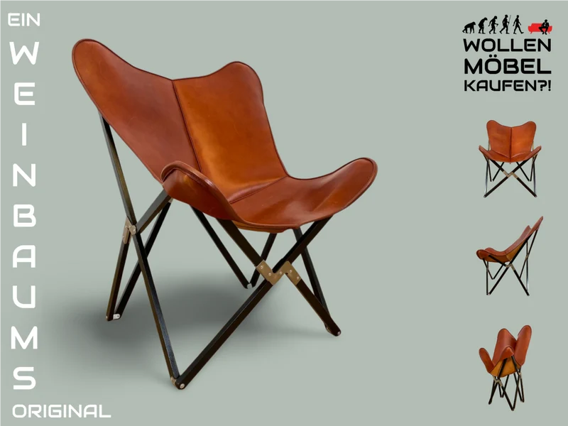 WMK I Das Highlight I Berühmter Designer Butterfly Chair von Weinbaums , zusammenfaltbar, mit hochwertigem Tabakbraunem Echtleder NP 1549€