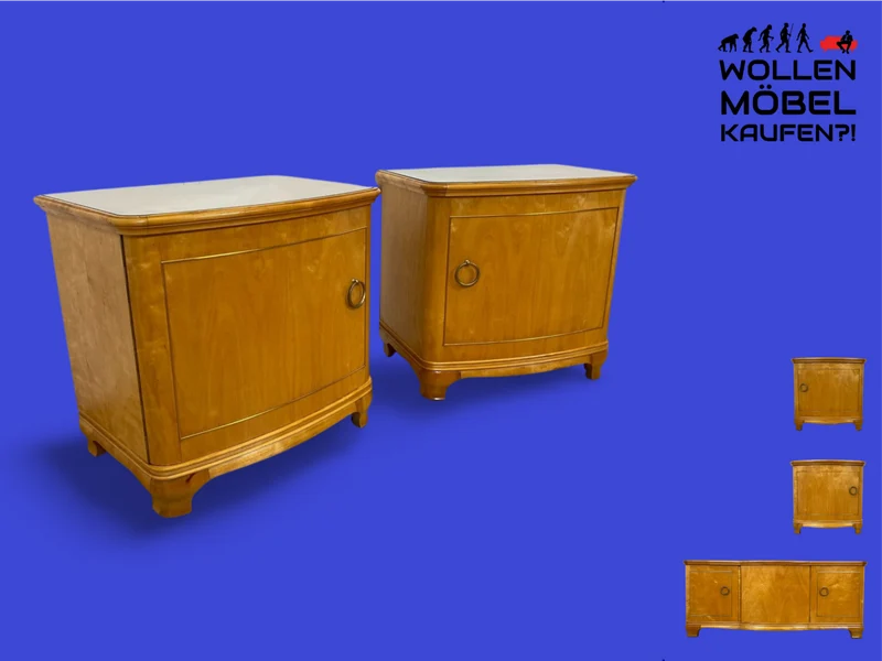 WMK I 1/2 Formschöner heller und großer Mid-Century Nachttisch aus vollem Holz mit Schubladen & abnehmbarer Glasauflage