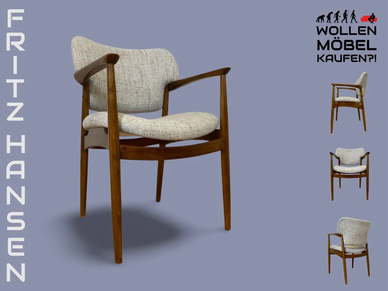 WMK I Skandinavischer Mid-Century Designer Sessel von Ejnar Larsen & Aksel Bender für Fritz Hansen mit Wollbezug & Teakholz Rahmen
