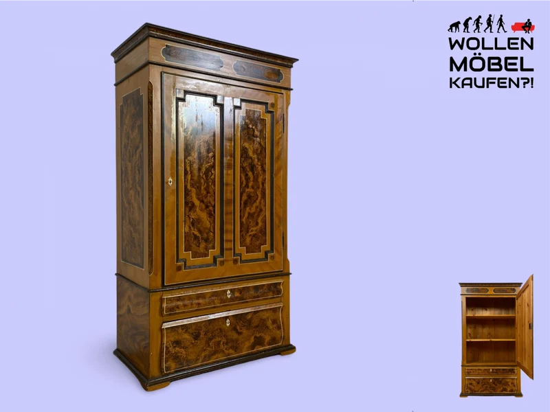 WMK I Wunderschöner Biedermeier Wäscheschrank aus vollem Holz in Nussbaum mit Schubladen, um 1850
