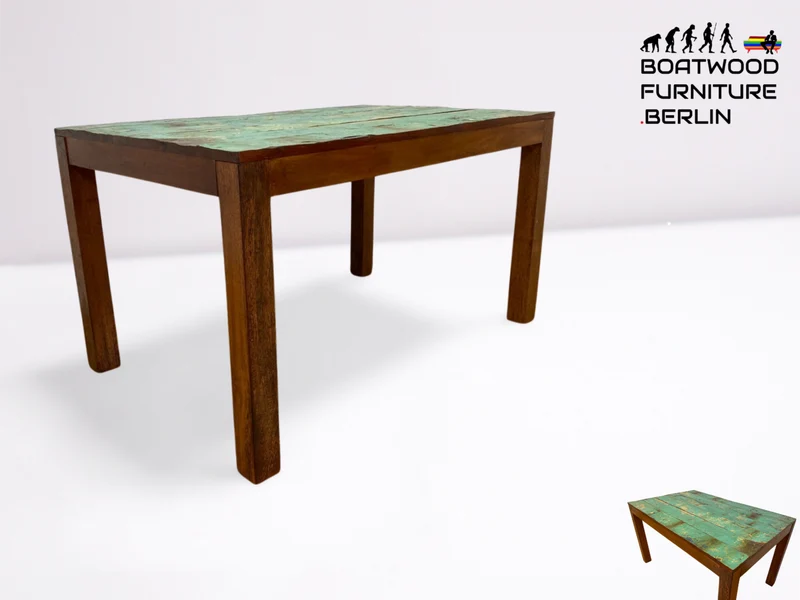 Boatwood by WMK I Einzigartiger 140x90cm großer grüner Esstisch aus altem Bootsholz