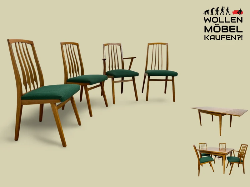 WMK I Set aus 4 sehr schönen Mid-Century Esszimmerstühlen mit Sprossen & grünem Originalbezug, bau ähnlich mit Casala