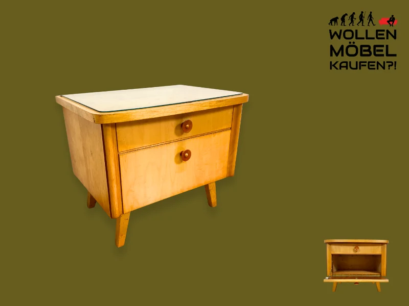 WMK I Formschöner heller Mid-Century Nachtisch mit Schublade, Klappe & Glasauflage