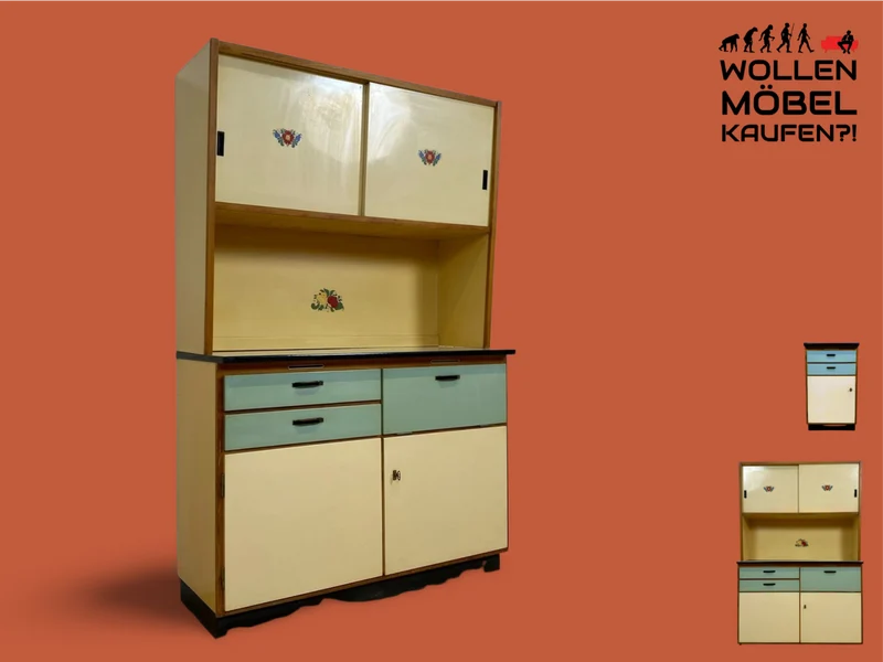 WMK I Kultige helle 70er Jahre Küchenkommode in Originalfarbe mit Schubladen und Resopal Oberfläche
