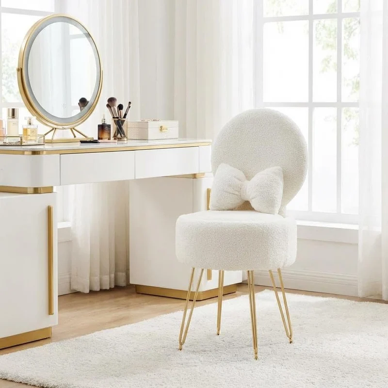 Garvee Makeup Hocker Mit Stauraum Und Klappbarer Rückenlehne Für Schminktisch, Verstellbare Metallbeine, Goldfarben, Kompakt
