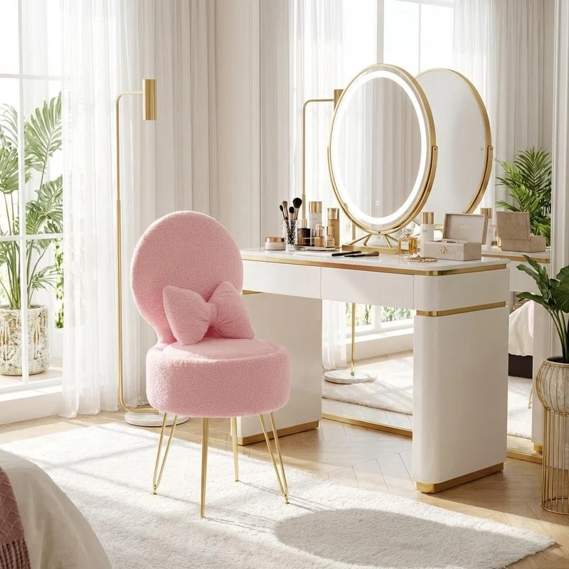Garvee Makeup Hocker Mit Stauraum Und Klappbarer Lehne Für Schminktisch, 9L Versteck, Sherpa Stoff, Verstellbare Metallbeine, Gold