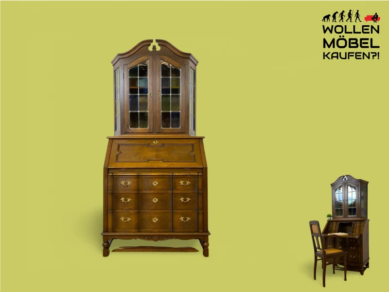 WMK Sehr gut erhaltener dänischer Vintage Schreibschrank aus vollem Holz mit schönem Bleiglas Aufsatz & edlen Messingbeschlägen