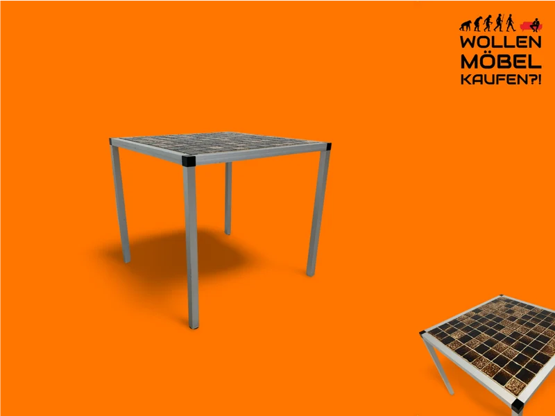 WMK Schicker Space Age Couchtisch aus gebürstetem Stahl und kunstvollen Fliesen
