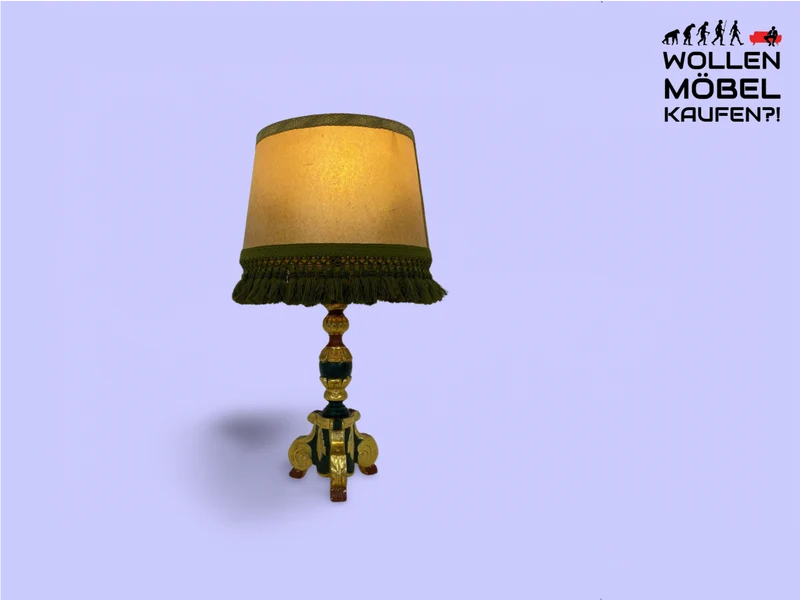 WMK Wunderschöne und gut erhaltene große Vintage Tischlampe mit grün - gold bemaltem Lampenfuß aus Holz und peppigem Lampenschirm