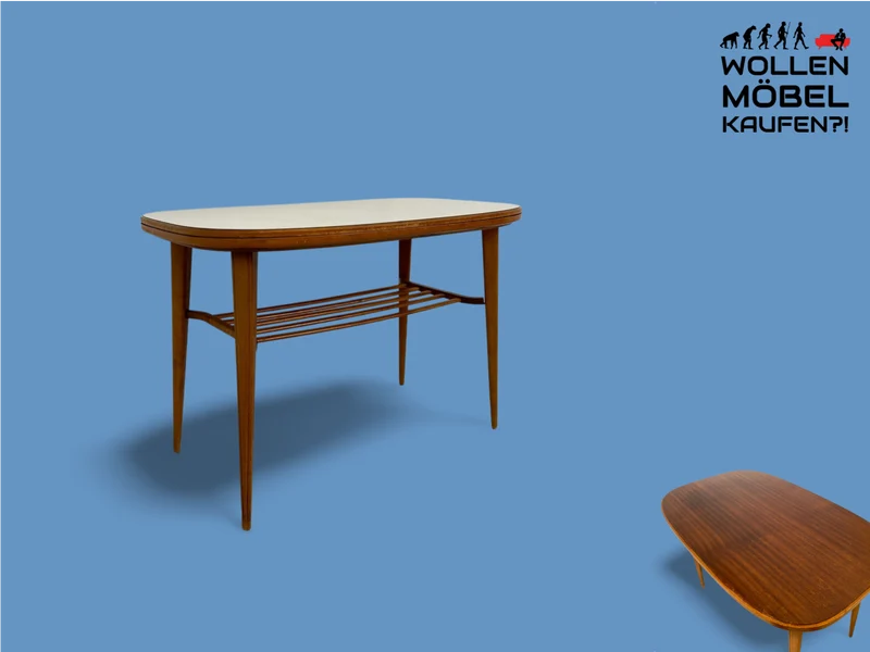 WMK Stilvoller und seltener Mid-Century Couchtisch mit wandelbarer Oberfläche aus Holz oder Resopal und praktischer Zeitungsablage