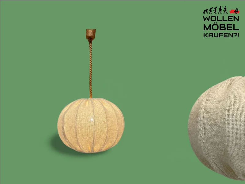 WMK Stilvolle und sehr gut erhaltene große Mid-Century Hängelampe mit Lampenschirm aus natürlichem Wollstoff & Tauwerk Kabelummantelung
