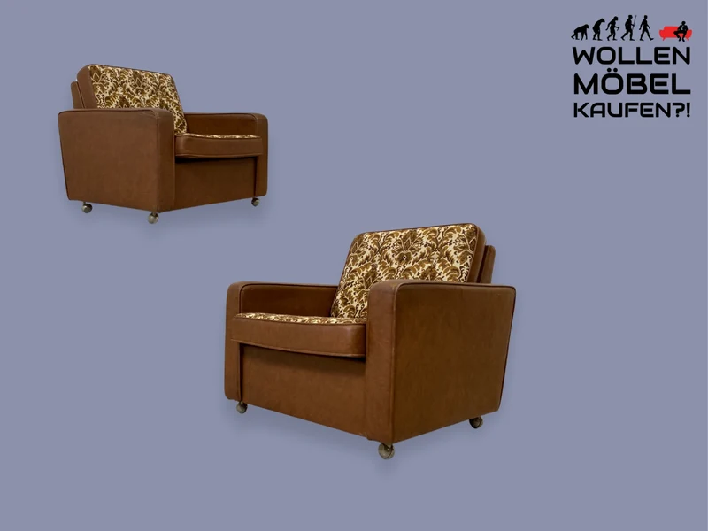 WMK 1/2 Kultiger & bequemer Retro Sessel , bezogen mit floralem Stoff & Kunstleder und auf hübschen Rollen