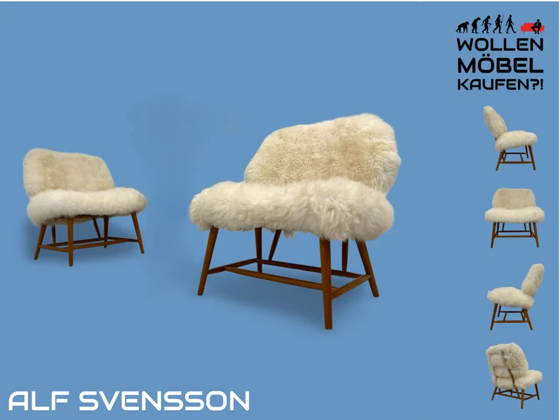 WMK # 1/3 Außergewönlicher & sehr seltener skandinavischer 50er Jahre Designer Sessel von Alf Svensson mit neuem Fellbezug